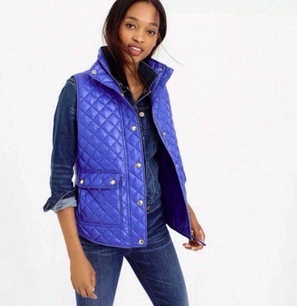 J. Crew Quilted Down Vest Cobalt Blue Shiny Field Puffer Barn Gorpcore Sz XS